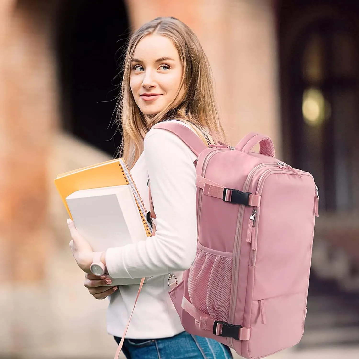 Hanples Travel Backpack for Women as Person Item Flight Approved, Large Carry On 17.3 Inch Laptop, Waterproof, Hiking, Casual Bag (Pink)