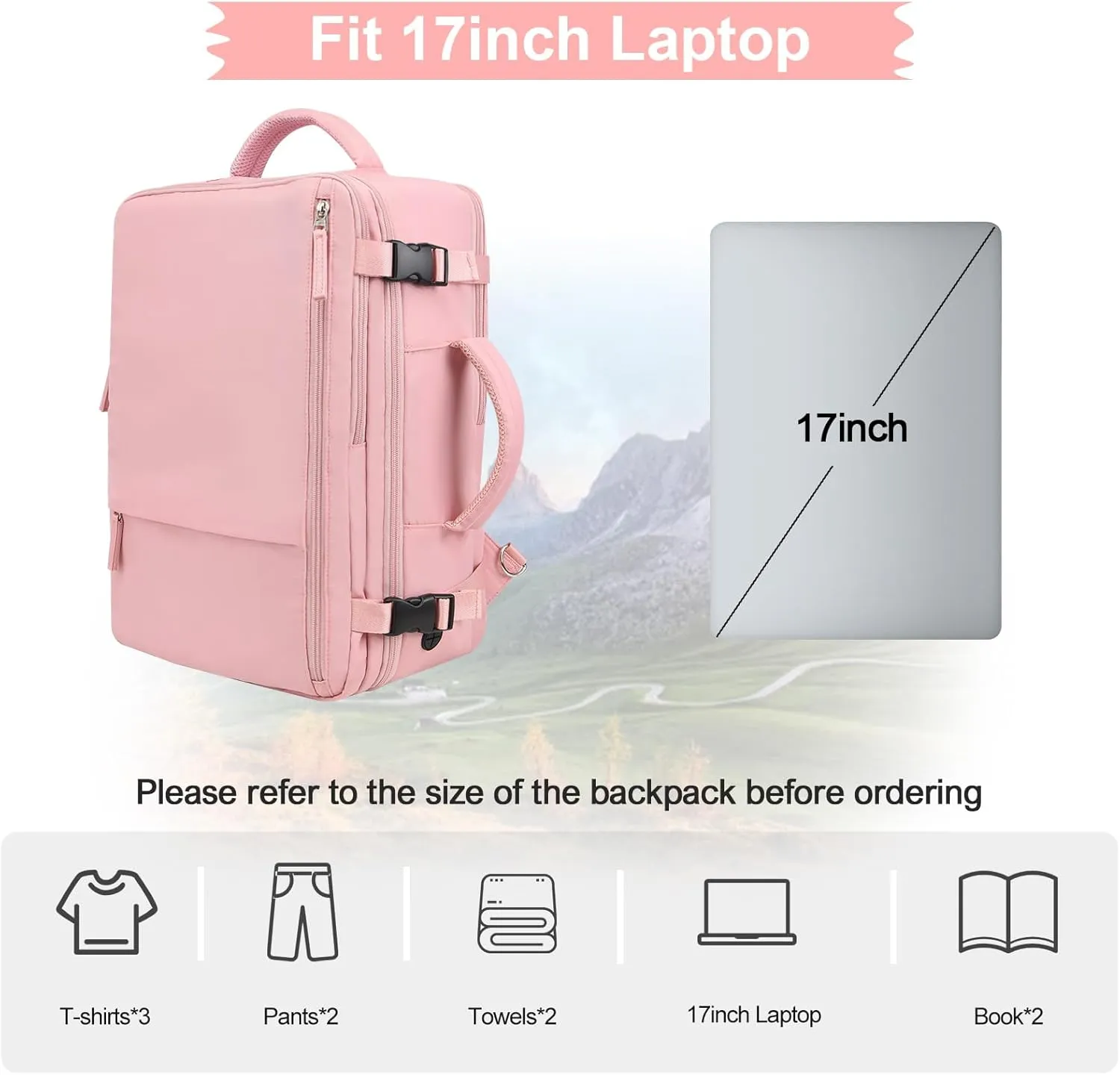 Hanples Travel Backpack for Women as Person Item Flight Approved, Large Carry On 17.3 Inch Laptop, Waterproof, Hiking, Casual Bag (Pink)