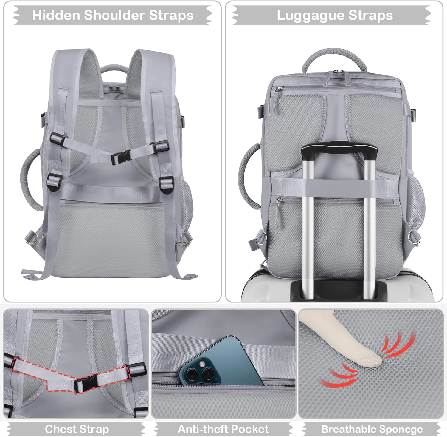 Hanples Travel Backpack for Women, Large Carry On, 17.3 Inch Laptop Backpack, Waterproof, Hiking, Casual Bag (Gray)