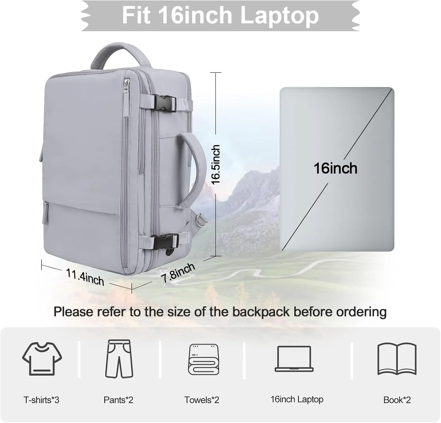 Hanples Travel Backpack for Women, Large Carry On, 17.3 Inch Laptop Backpack, Waterproof, Hiking, Casual Bag (Gray)