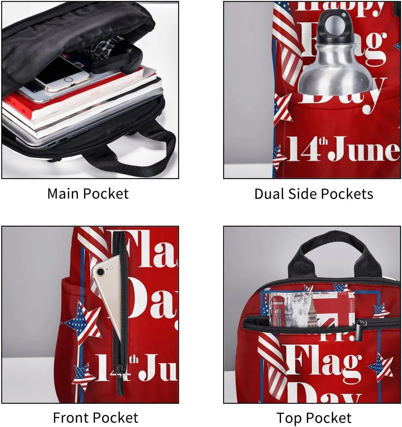 Happy Flag Day 1776 American Independence Day American Flag Casual Backpacks Laptop Backpack Outdoor Travel Rucksack Sport Carry-On Daypack Lightweight Bag with Multi-Pockets