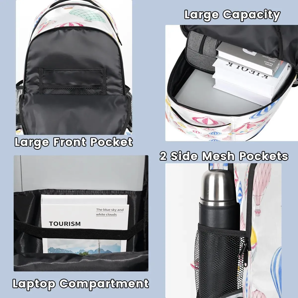 Hot Air Balloon Print Laptop Backpack Lightweight College Backpack with Reflective Strip for Men Women Adult Casual Travel Hiking Gym Work Daypack