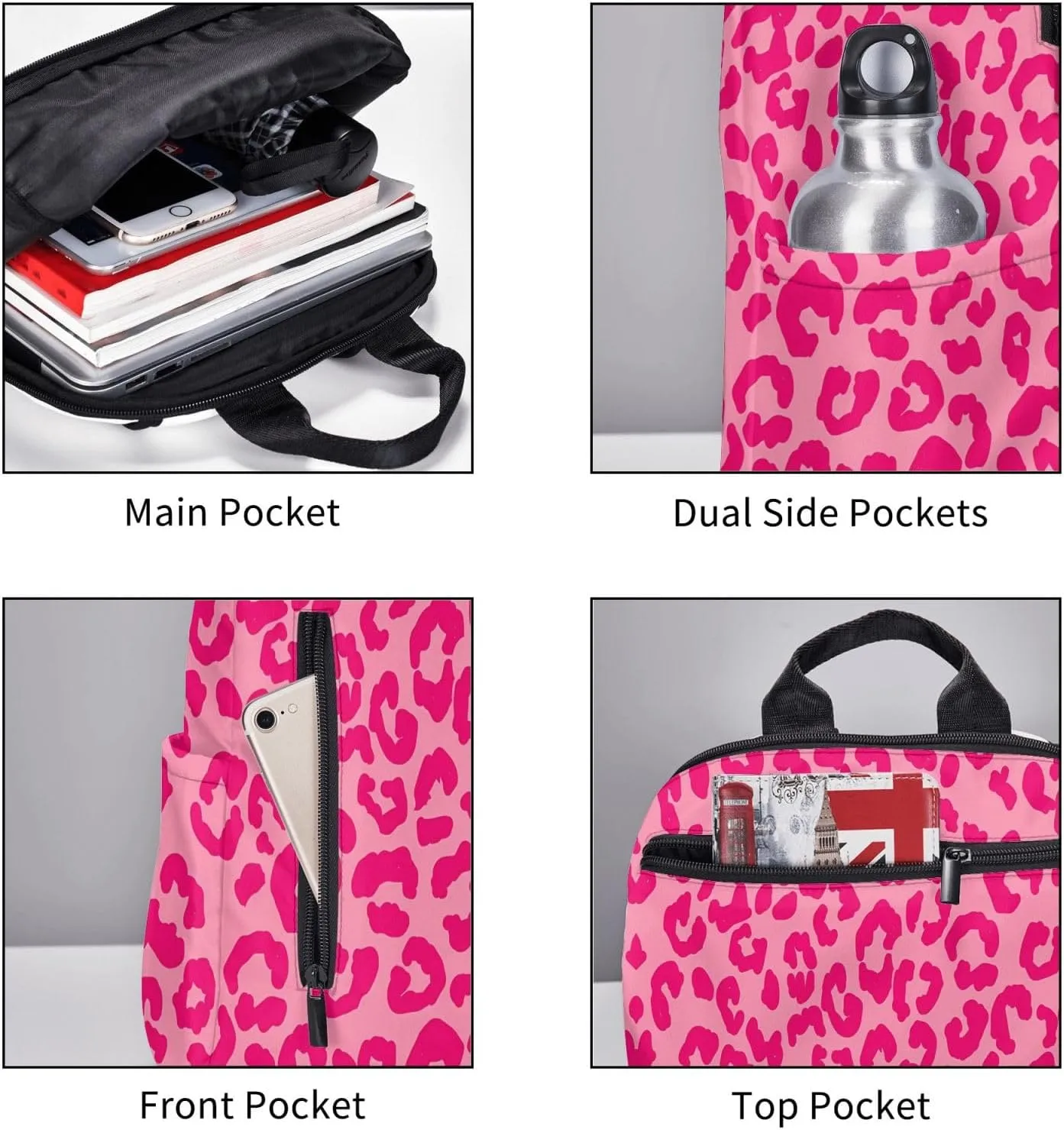Hot Pink Cheetah Aesthetic Casual Backpacks Large Capacity Laptop Backpack Sports Rucksack Travel Daypack Adjustable Shoulder Strap Work Bag for Outdoor Camping