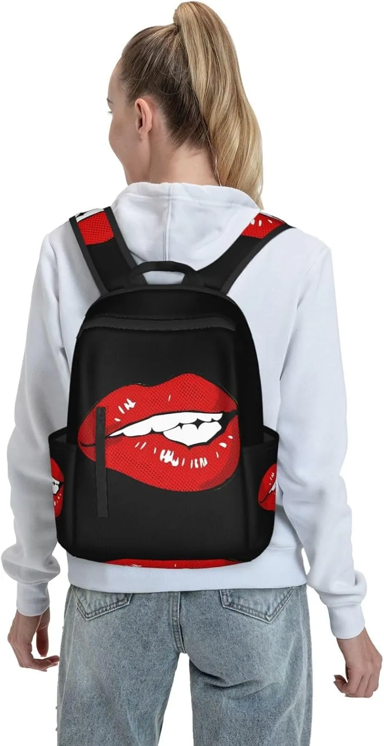 Hot Red Biting Lips Casual Backpacks Large Capacity Laptop Backpack Sports Rucksack Travel Daypack Adjustable Shoulder Strap Work Bag for Outdoor Camping