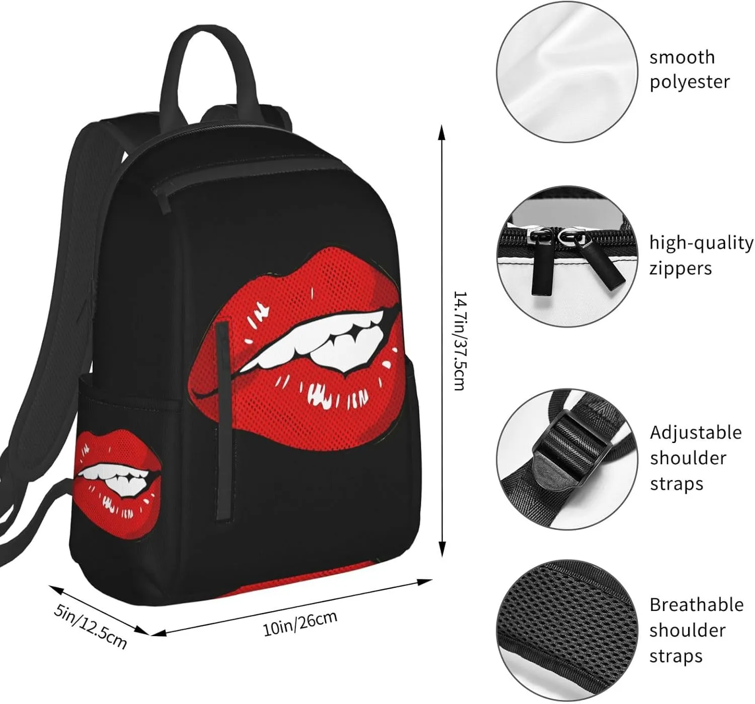 Hot Red Biting Lips Casual Backpacks Large Capacity Laptop Backpack Sports Rucksack Travel Daypack Adjustable Shoulder Strap Work Bag for Outdoor Camping