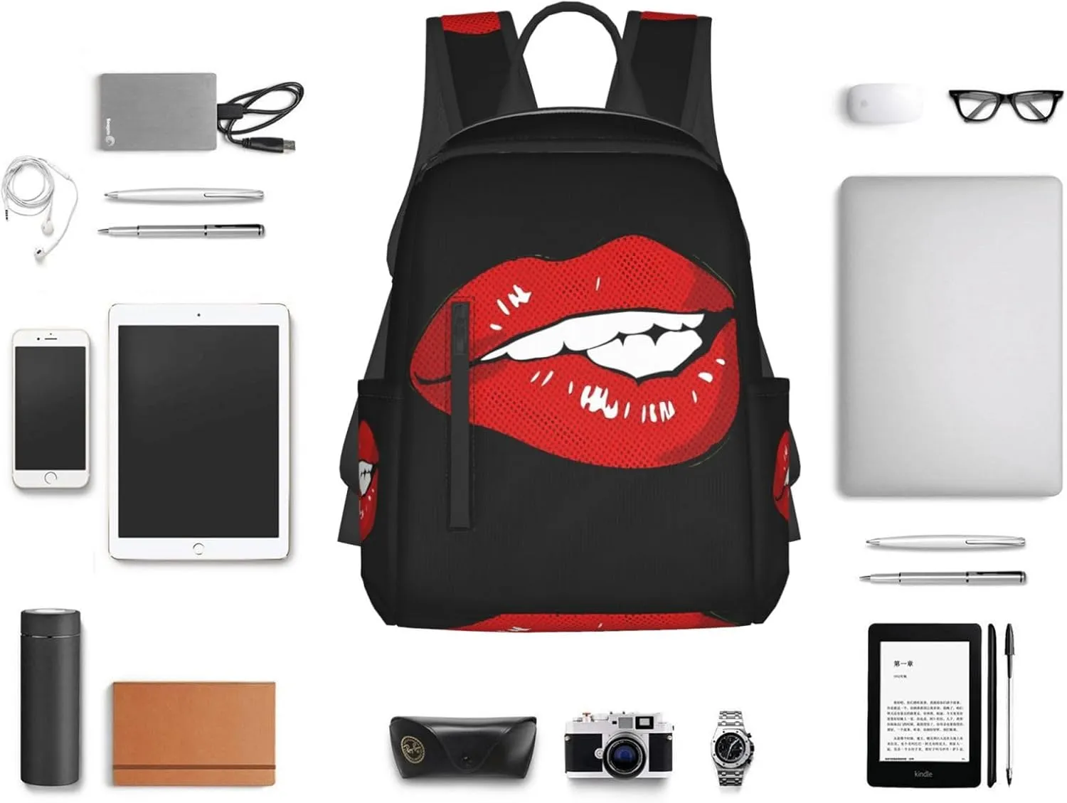 Hot Red Biting Lips Casual Backpacks Large Capacity Laptop Backpack Sports Rucksack Travel Daypack Adjustable Shoulder Strap Work Bag for Outdoor Camping