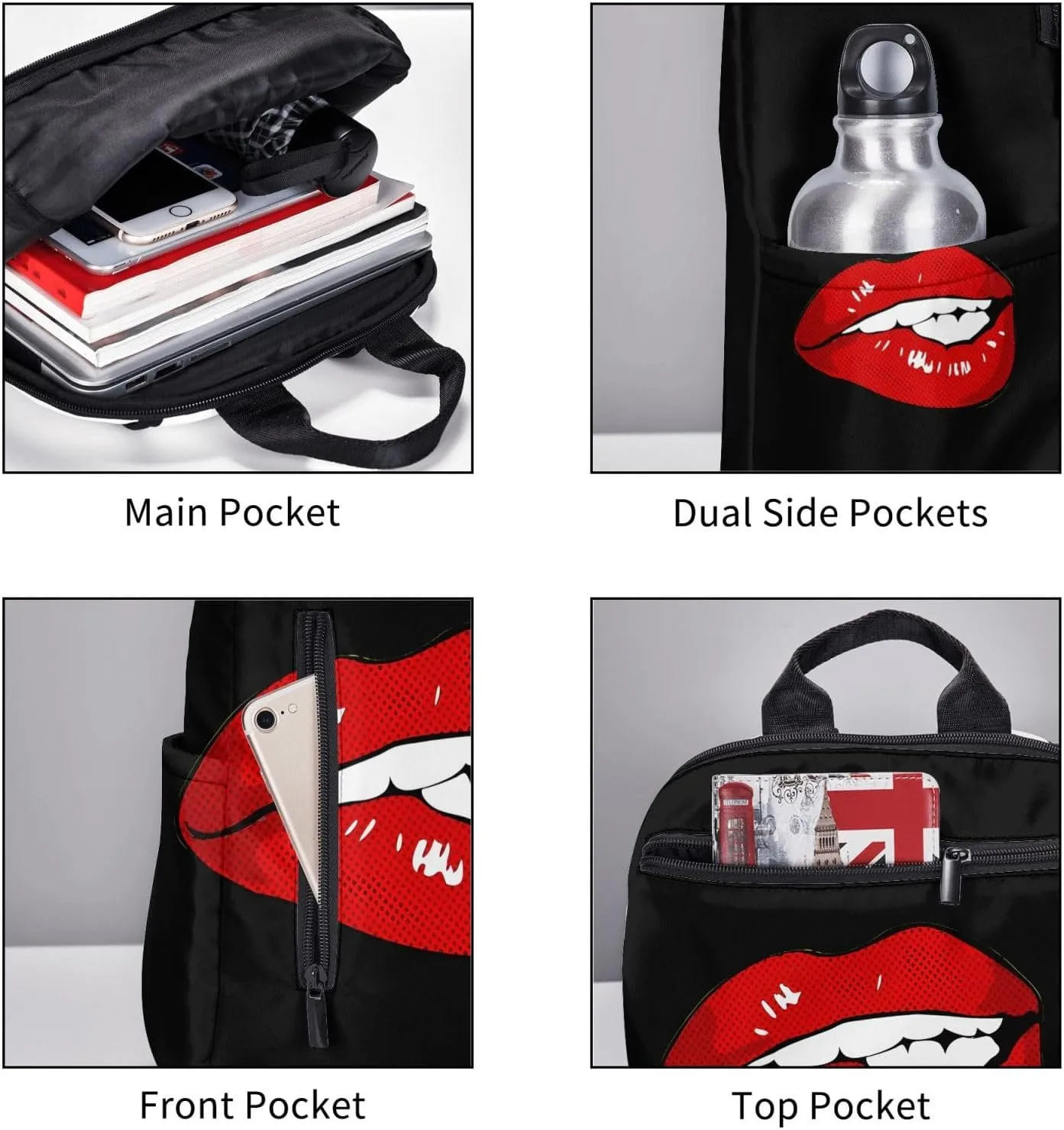 Hot Red Biting Lips Casual Backpacks Large Capacity Laptop Backpack Sports Rucksack Travel Daypack Adjustable Shoulder Strap Work Bag for Outdoor Camping