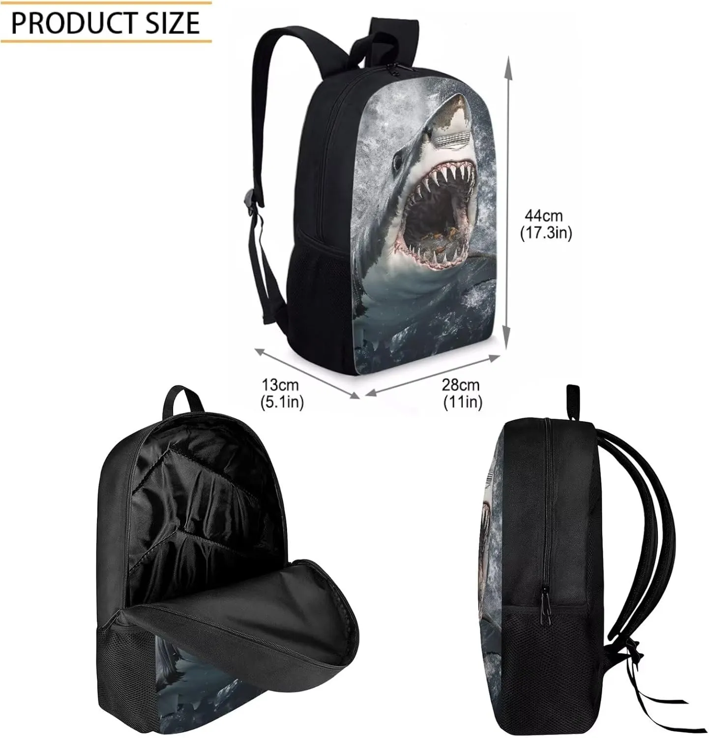 Howilath Sea Hungry Shark Printed Backpacks With Lunch Pack Pencil Case 3pcs, Lightweight Boys Bookbag For Middle School
