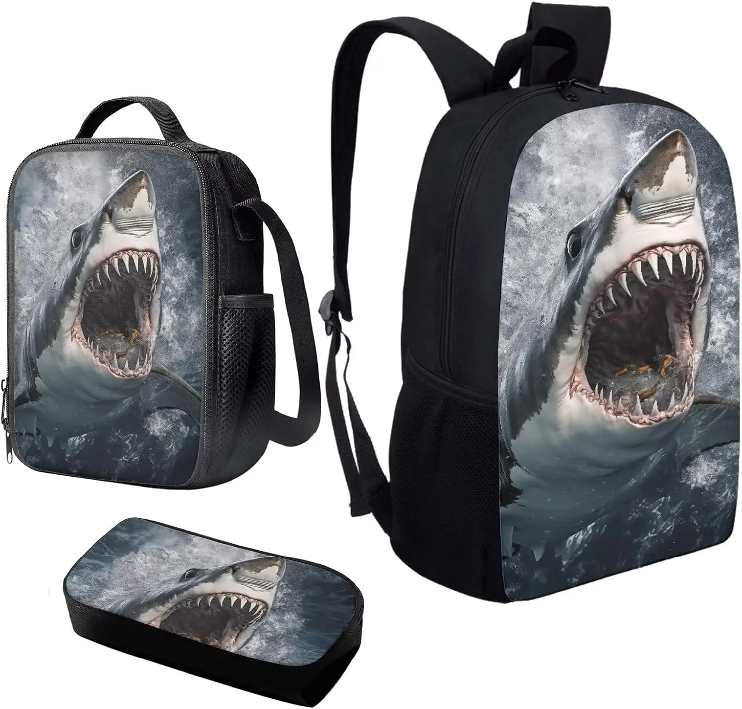 Howilath Sea Hungry Shark Printed Backpacks With Lunch Pack Pencil Case 3pcs, Lightweight Boys Bookbag For Middle School