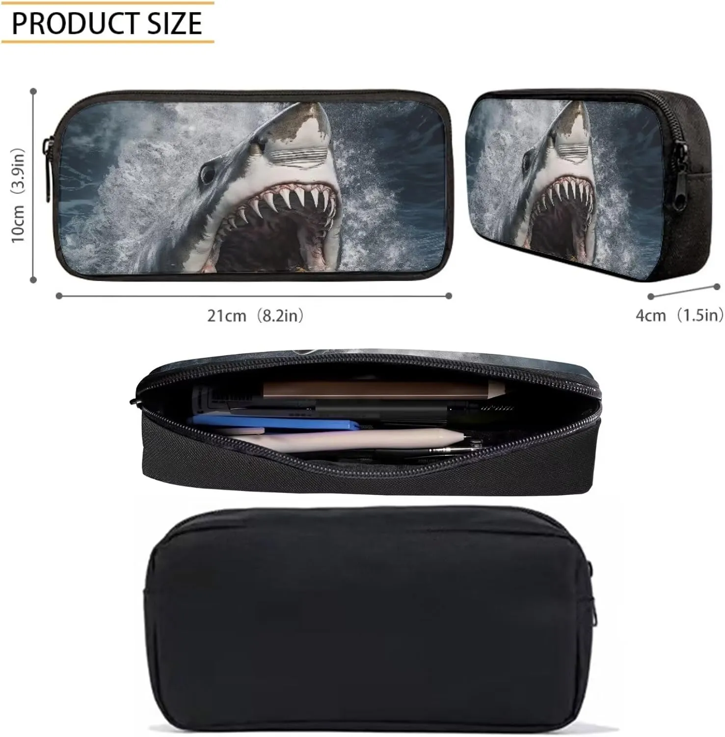 Howilath Sea Hungry Shark Printed Backpacks With Lunch Pack Pencil Case 3pcs, Lightweight Boys Bookbag For Middle School