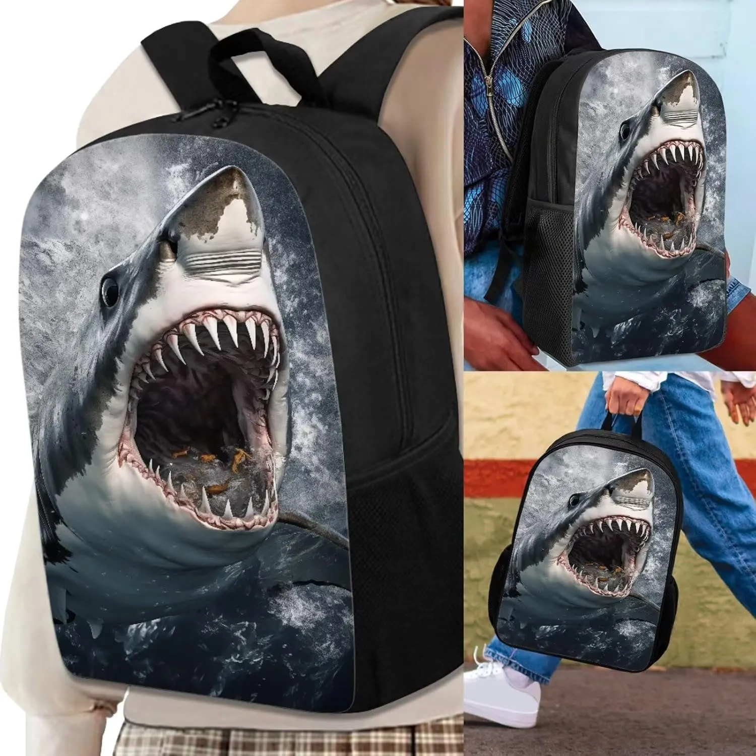 Howilath Sea Hungry Shark Printed Backpacks With Lunch Pack Pencil Case 3pcs, Lightweight Boys Bookbag For Middle School