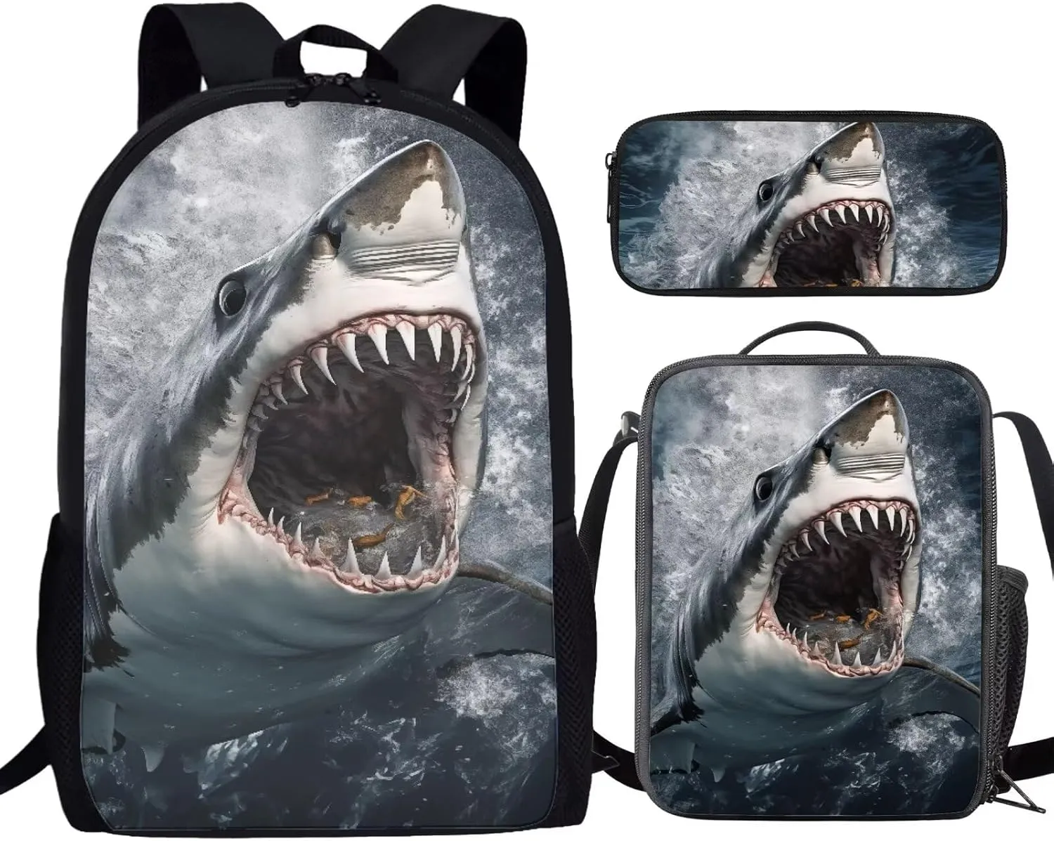 Howilath Sea Hungry Shark Printed Backpacks With Lunch Pack Pencil Case 3pcs, Lightweight Boys Bookbag For Middle School