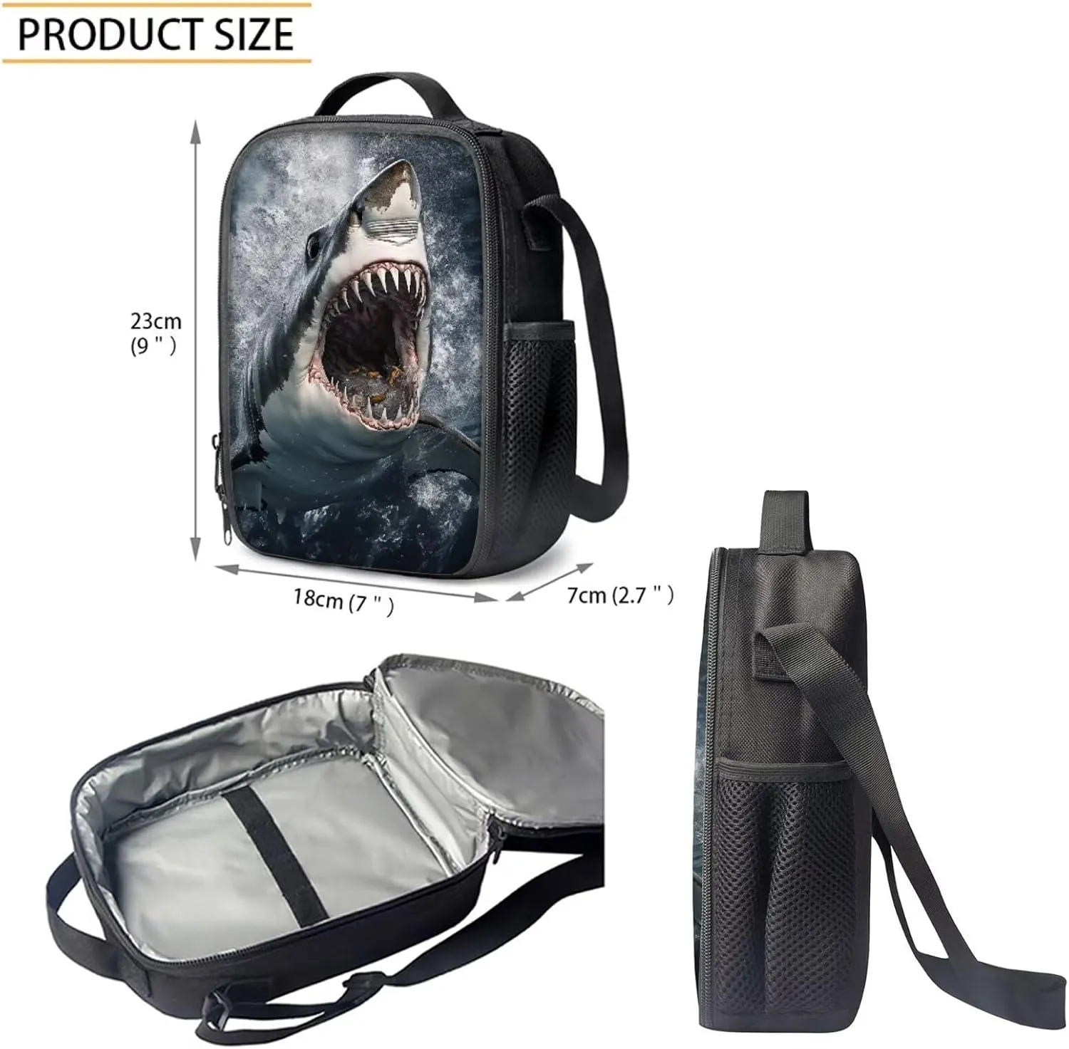 Howilath Sea Hungry Shark Printed Backpacks With Lunch Pack Pencil Case 3pcs, Lightweight Boys Bookbag For Middle School