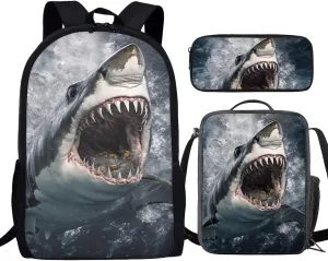Howilath Sea Hungry Shark Printed Backpacks With Lunch Pack Pencil Case 3pcs, Lightweight Boys Bookbag For Middle School