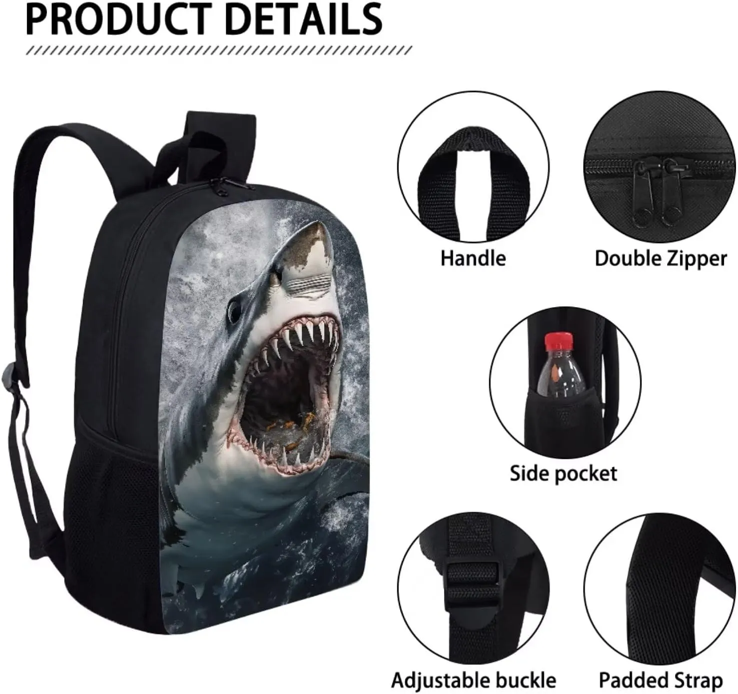 Howilath Sea Hungry Shark Printed Backpacks With Lunch Pack Pencil Case 3pcs, Lightweight Boys Bookbag For Middle School