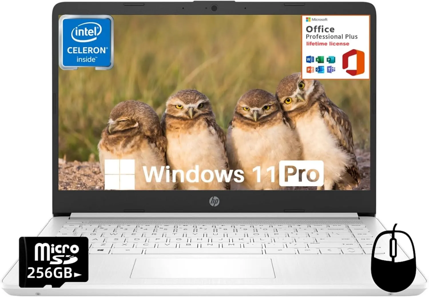 HP 14" Student Laptop, Microsoft Office Pro Lifetime License, Business Laptop, Intel 4-Core N4120, 16 GB RAM, 320 GB Storage(64 GB eMMC   256 GB SD Card), 12H Battery Life, Windows 11 Pro, Mouse