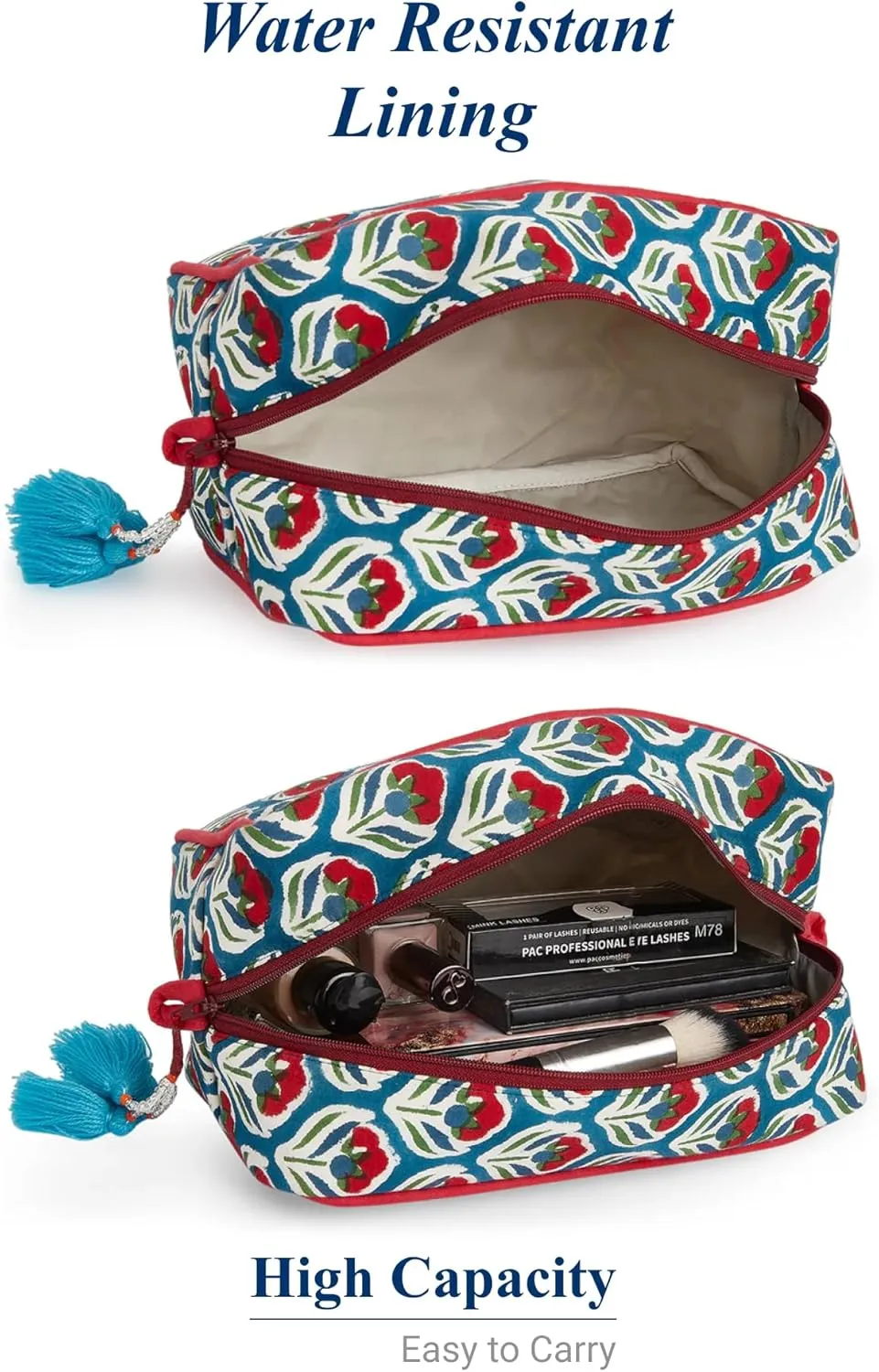 Huar Travel Makeup Bag- Large Capacity Cosmetic Bags for Women - Water Resistance Lining Portable Pouch & Open Toiletry Bag - Perfect Girls Makeup Organizer for Travel Essentials (White & Red Floral)