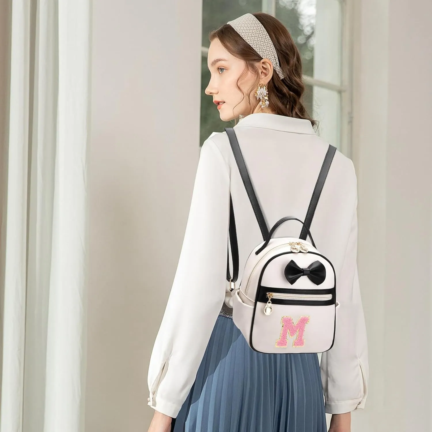 I IHAYNER Girls Bowknot Initial Backpack for Women Cute Mini Backpack for Girls Personalized Teen Girl gifts Trendy Stuff Black-M