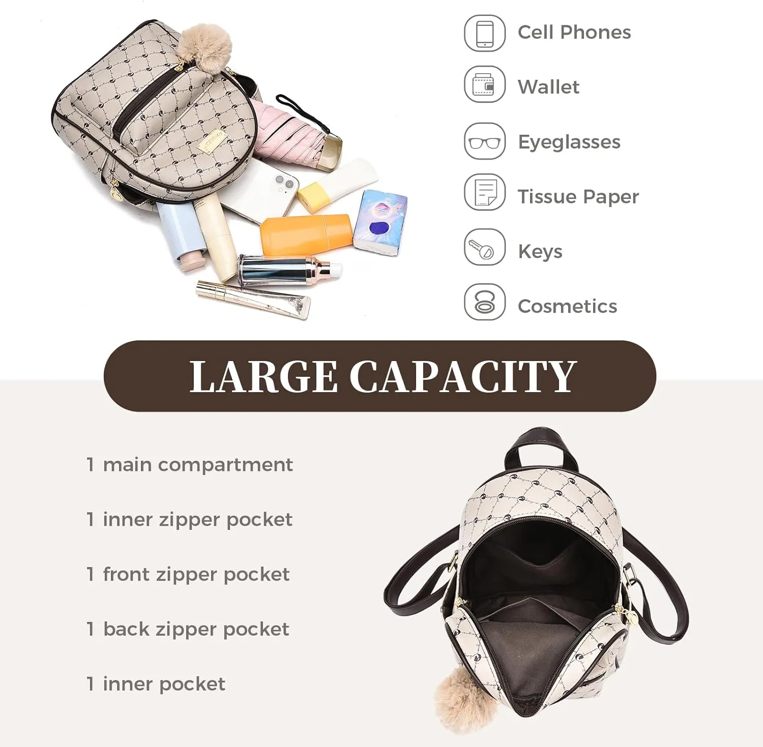 I IHAYNER Girls Fashion Backpack Purse Leather Mini Backpack Purse for Women Satchel School Bags with Pompom Travel Daypacks