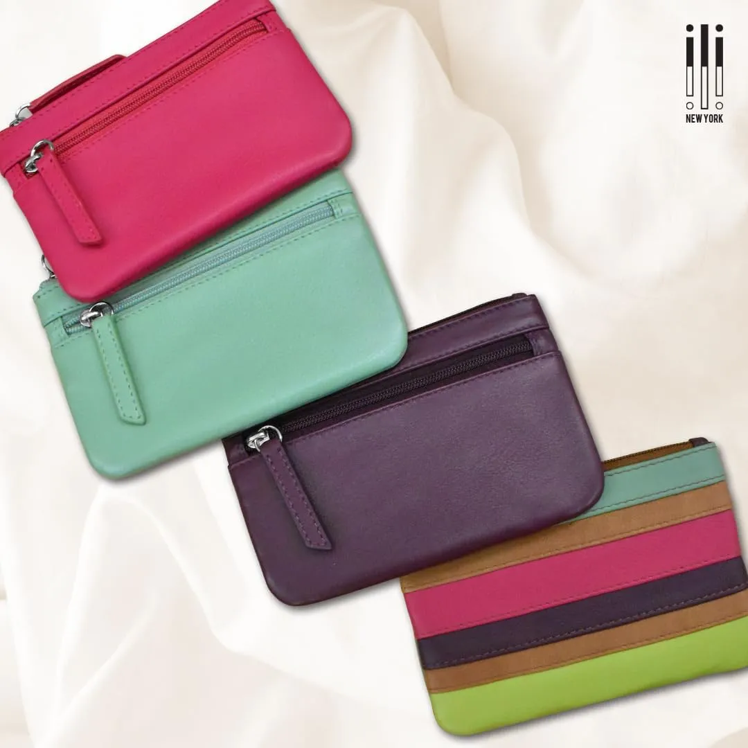 ili New York Mini Leather Coin Purse, Compact Design with Key Ring and RFID Protection for Women and Men in Vibrant Colors, Cool Tropics