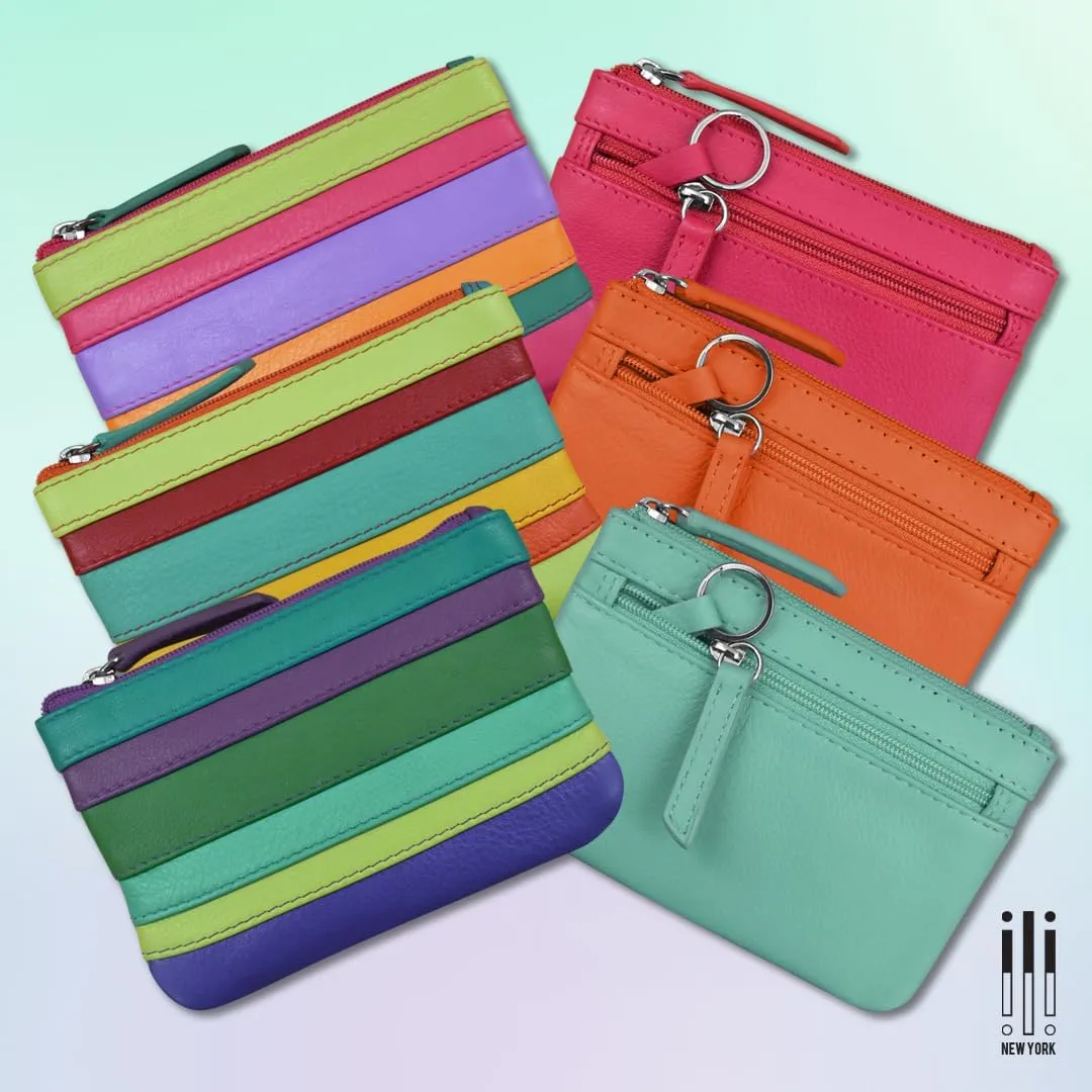 ili New York Mini Leather Coin Purse, Compact Design with Key Ring and RFID Protection for Women and Men in Vibrant Colors, Cool Tropics