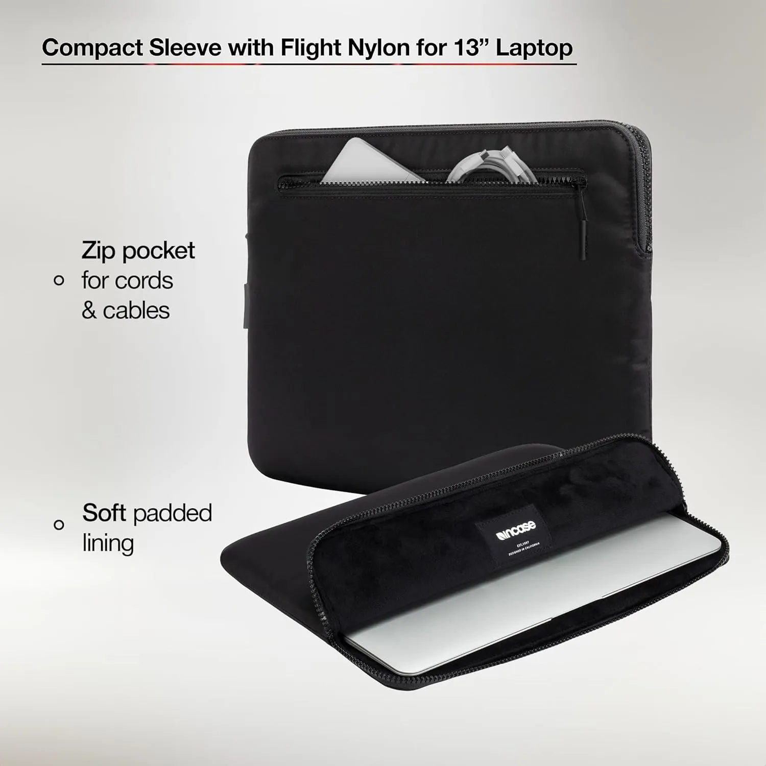 Incase Compact Laptop Sleeve with Flight Nylon - 13-inch MacBook/Laptop & iPad/Tablet Sleeve - Faux Fur Lining, Lightweight, Durable, Weather Resistant, Slip Pocket for Accessories - Flight Black