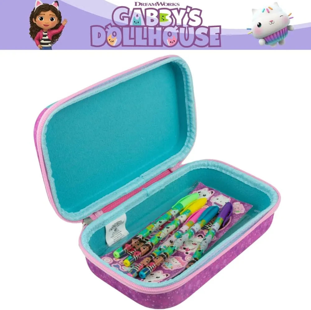 Innovative Designs Gabby’s Dollhouse Pencil Case Set with Stickers and Gel Pens for Kids, Molded with Zip Closure, Purple