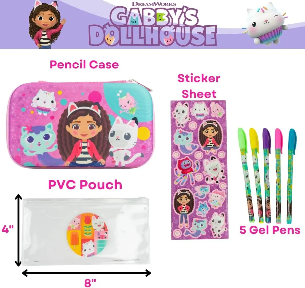 Innovative Designs Gabby’s Dollhouse Pencil Case Set with Stickers and Gel Pens for Kids, Molded with Zip Closure, Purple