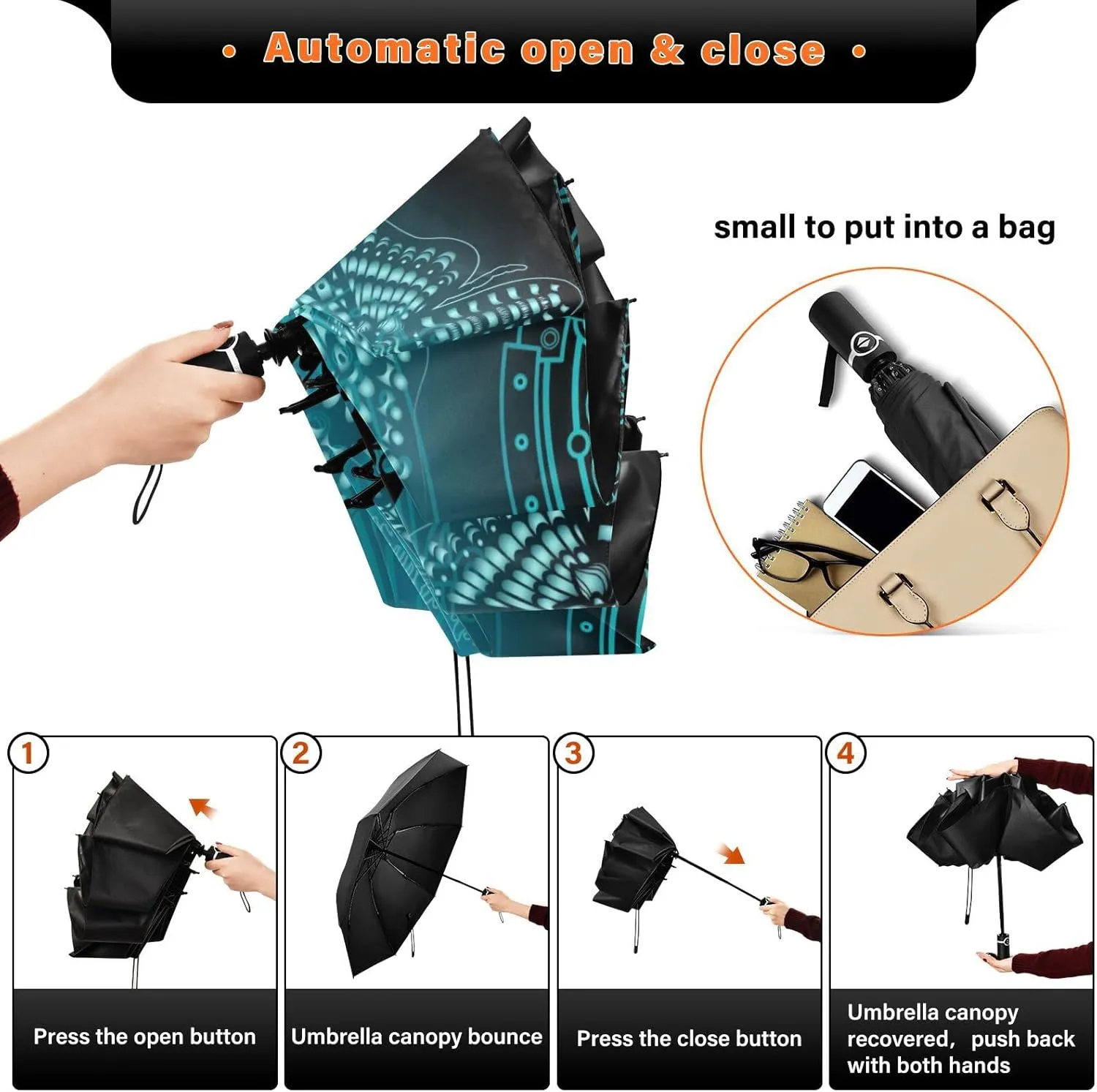 Inverted Umbrella, Windproof UV Protection Sun RainAutomatic Umbrella Compact Umbrella Reverse Umbrella for Women Men, Travel Folding Umbrella with Cover Bag