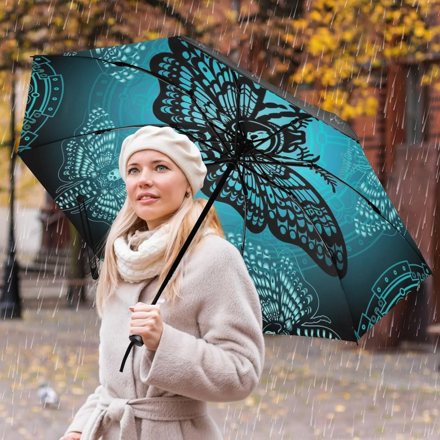 Inverted Umbrella, Windproof UV Protection Sun RainAutomatic Umbrella Compact Umbrella Reverse Umbrella for Women Men, Travel Folding Umbrella with Cover Bag