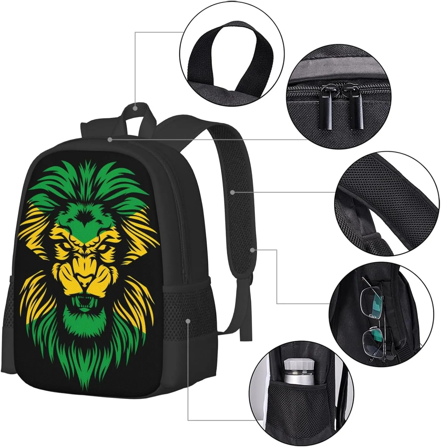Jamaican Flag Rasta Lion Head Casual Backpacks Large Capacity Backpack Laptop Rucksack Sport Daypack Commuter Bags with Adjustable Strap for Traveling Camping