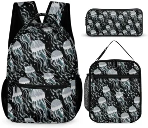Jellyfish Backpack with Lunch Box & Pencil Case, 16 Inch Cute Jellyfishes Themed Bookbag, Adjustable Lightweight Large Capacity, Daily Casual Backpacks Set for Kids Girls Boys School