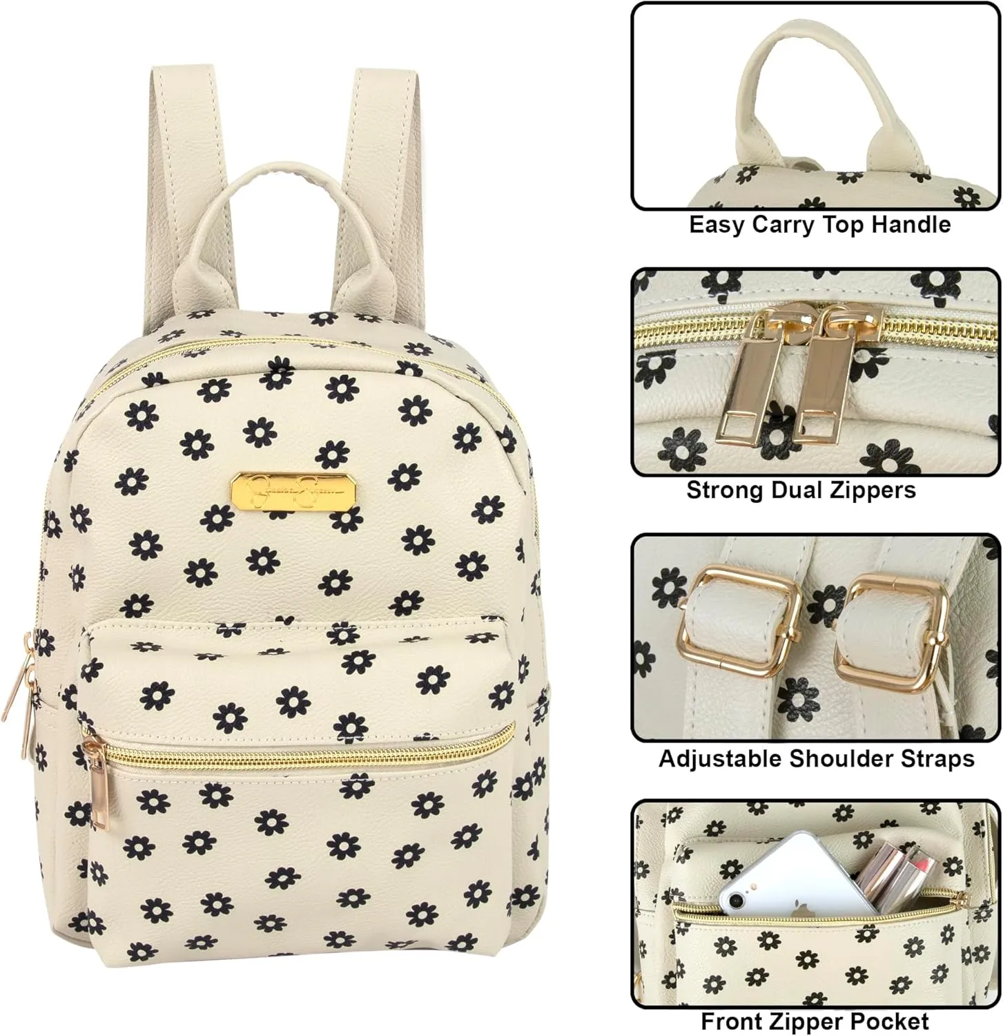 Jessica Simpson Waterproof Mini Vegan Leather Backpack Purse for Women, Travel, Work (Dainty Flowers)