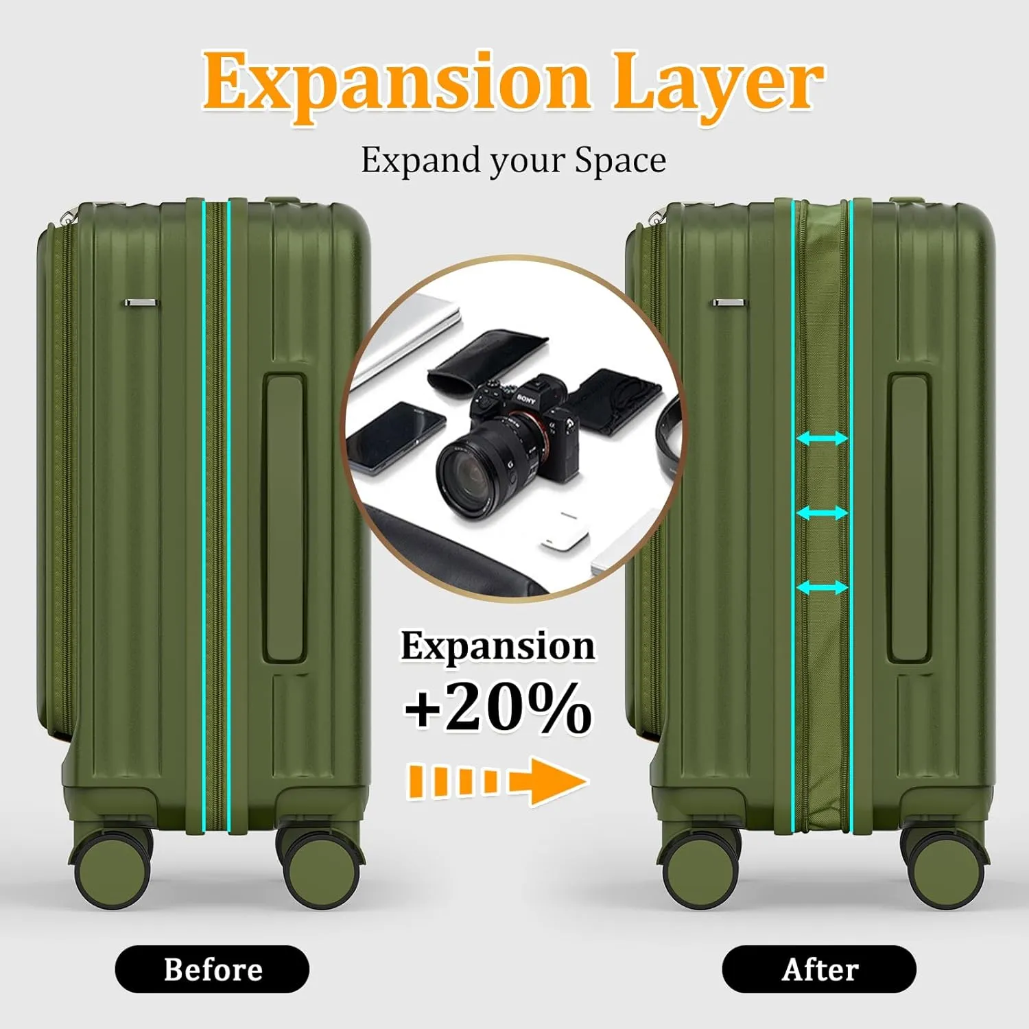 Joyway Luggage Set 2 Piece, PC Hardside Carry on Suitcase 20 Inch with Front Pocket and Expandable Large 29 Inch with Front Opening, Dark Green