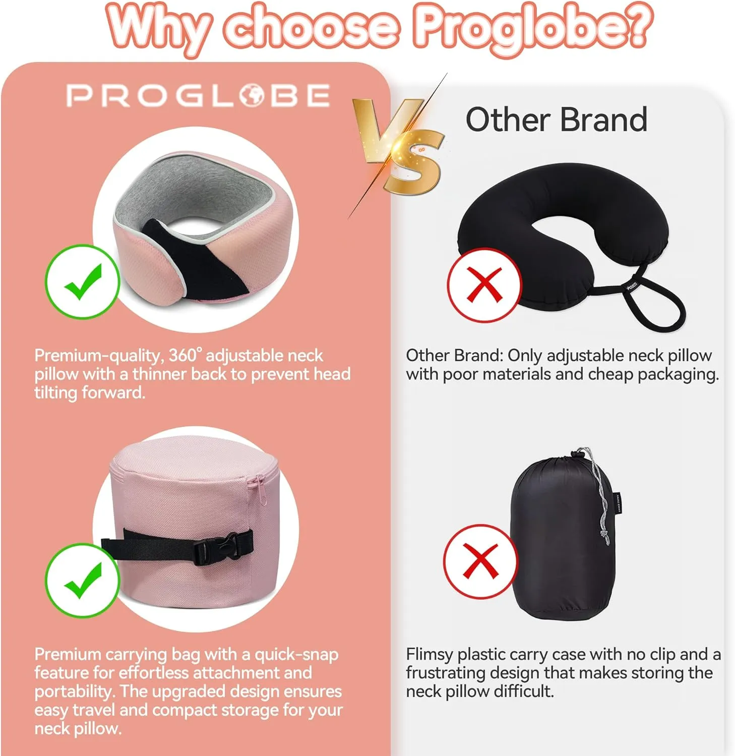 Junior Kids Travel Neck Pillow - Ergonomic Memory Foam Pillow for Airplane, Car, Booster Seat - Soft, Washable, Compact Travel Pillow with Strap - Light Pink - Ages 4-13