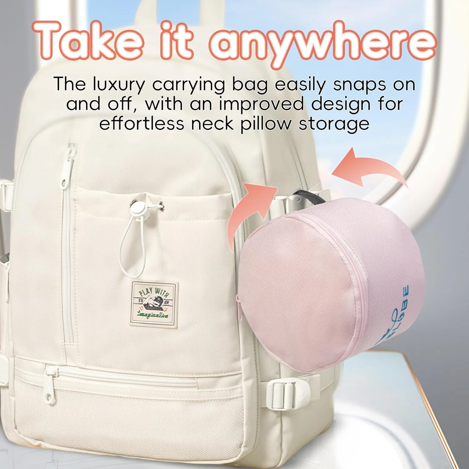 Junior Kids Travel Neck Pillow - Ergonomic Memory Foam Pillow for Airplane, Car, Booster Seat - Soft, Washable, Compact Travel Pillow with Strap - Light Pink - Ages 4-13