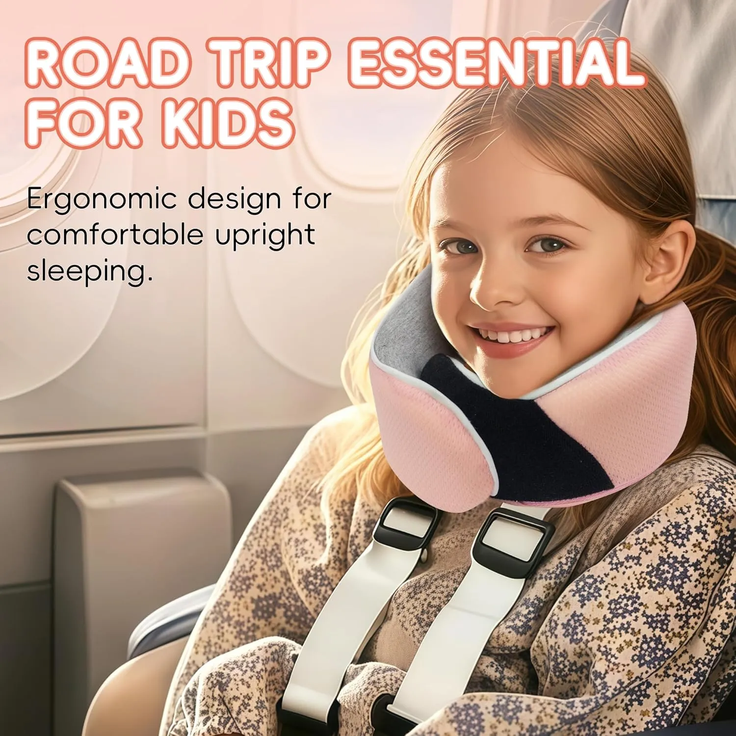 Junior Kids Travel Neck Pillow - Ergonomic Memory Foam Pillow for Airplane, Car, Booster Seat - Soft, Washable, Compact Travel Pillow with Strap - Light Pink - Ages 4-13