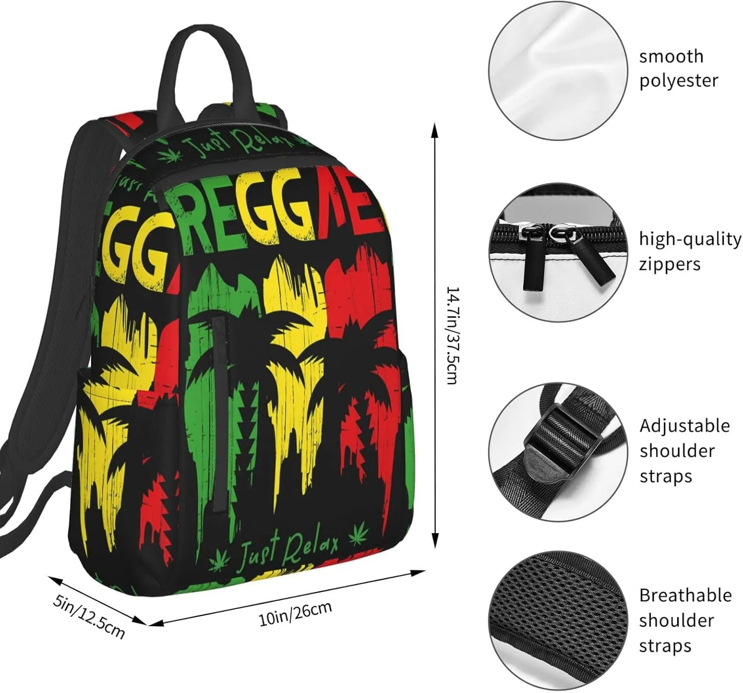 Just Relax Reggae Music Casual Backpacks Laptop Backpack Outdoor Travel Rucksack Sport Carry-On Daypack Lightweight Bag with Multi-Pockets