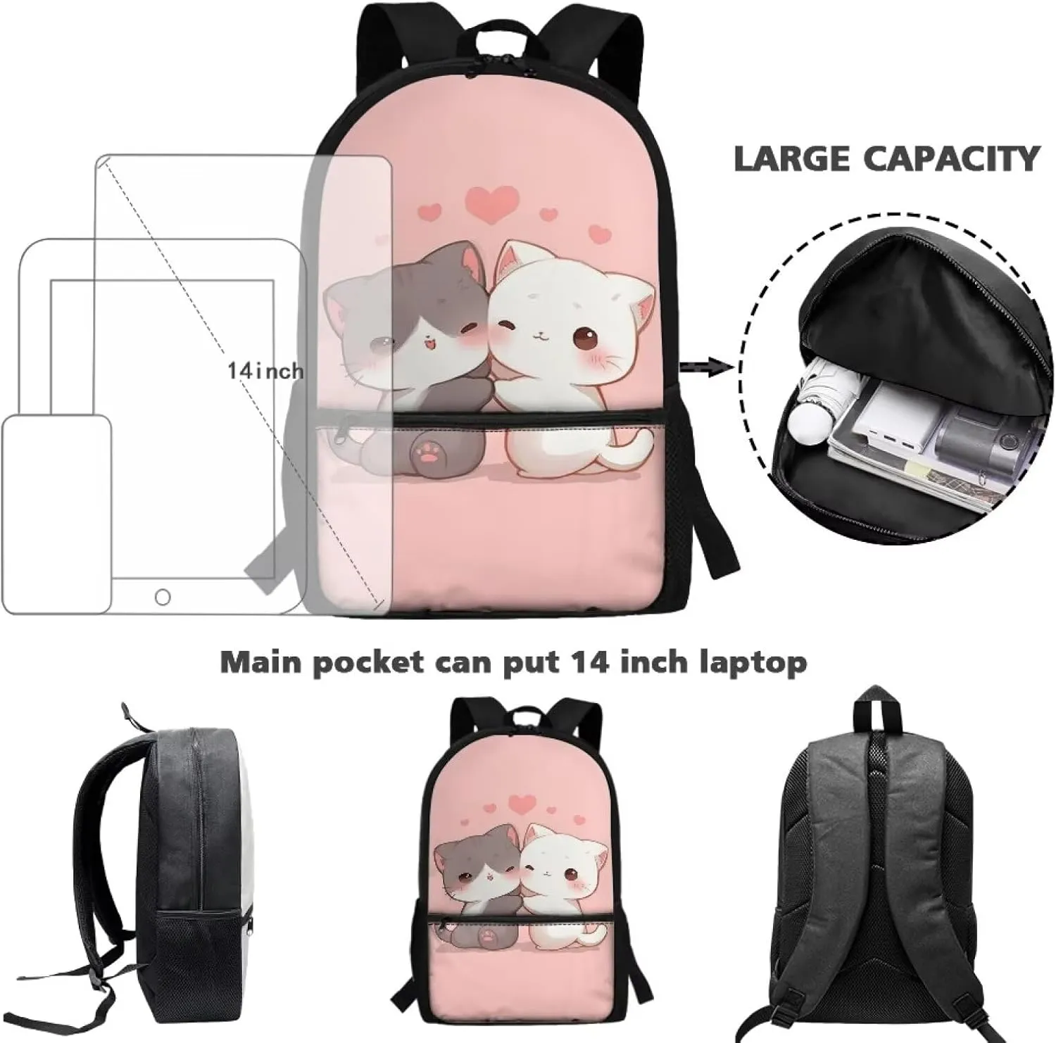 Kawaii Cat Backpack for Teen Girls 14-16 Bookbags 17inch Cute Bookbags Aesthetic for 6Th Grader School Backpack for Women Large School Backpack for Men College