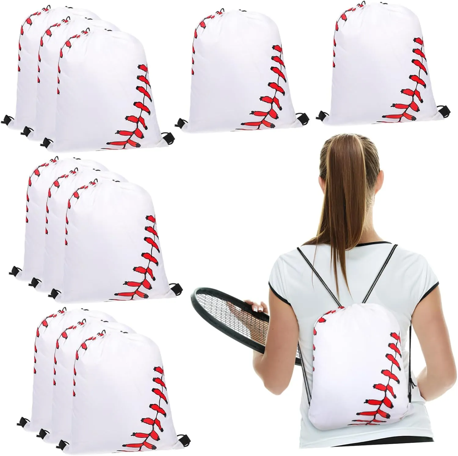 KICHOUSE 12Pcs Drawstring Sports Bags with Baseball Pattern Versatile Gym Backpack for Fitness Outdoor Activities and Party Favors