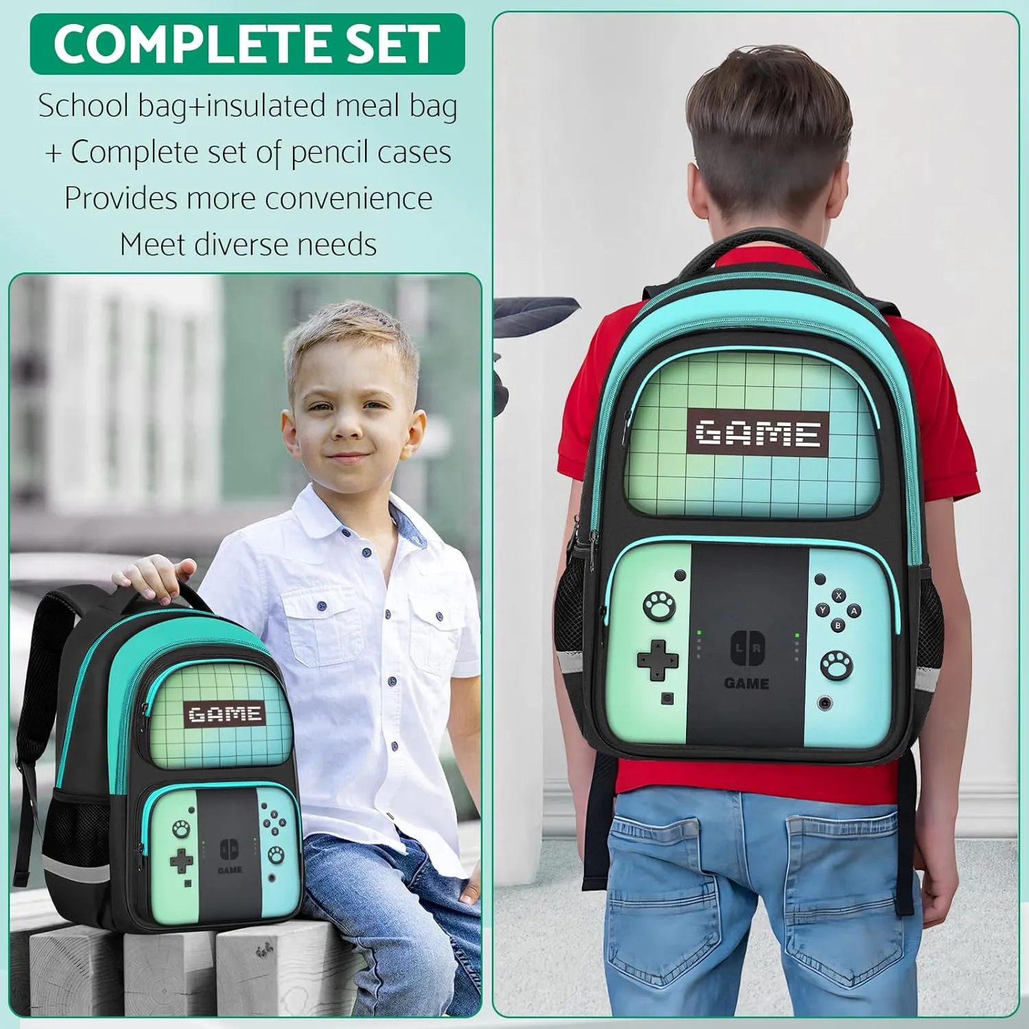 Kids Backpack For Boys，Gamer Boys Backpack For Children Teens Elementary Middle School, 17″ Students Bookbag