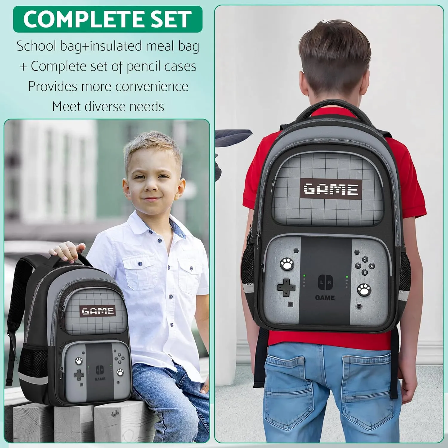 Kids Backpack For Boys，Gamer Boys Backpack For Children Teens Elementary Middle School, 17″ Students Bookbag