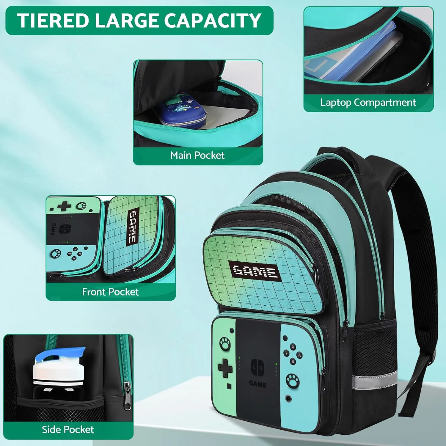 Kids Backpack For Boys，Gamer Boys Backpack For Children Teens Elementary Middle School, 17″ Students Bookbag