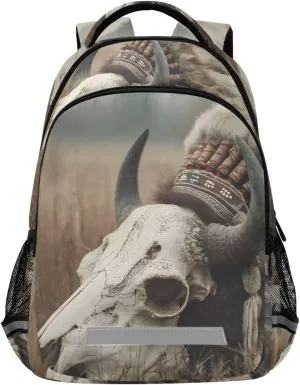 Kids Backpack-Indian Bison Skull Print for Travel Daily Hiking, Lightweight School Bookbag for Boys Girls 11.6x6.9x16.7 IN