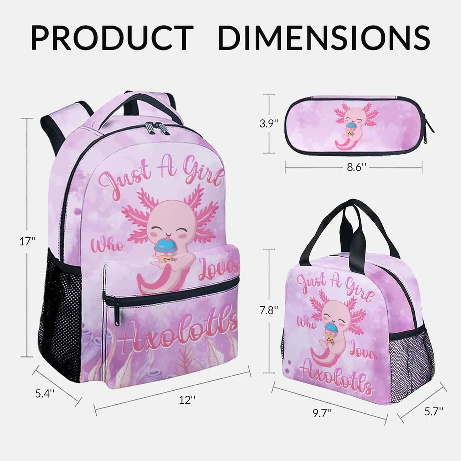 Kids Backpack with Lunch Box - Cute Axolotl Preppy Backpack for School - Lightweight Pink Backpacks for Girls