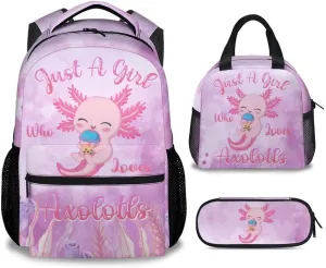 Kids Backpack with Lunch Box - Cute Axolotl Preppy Backpack for School - Lightweight Pink Backpacks for Girls