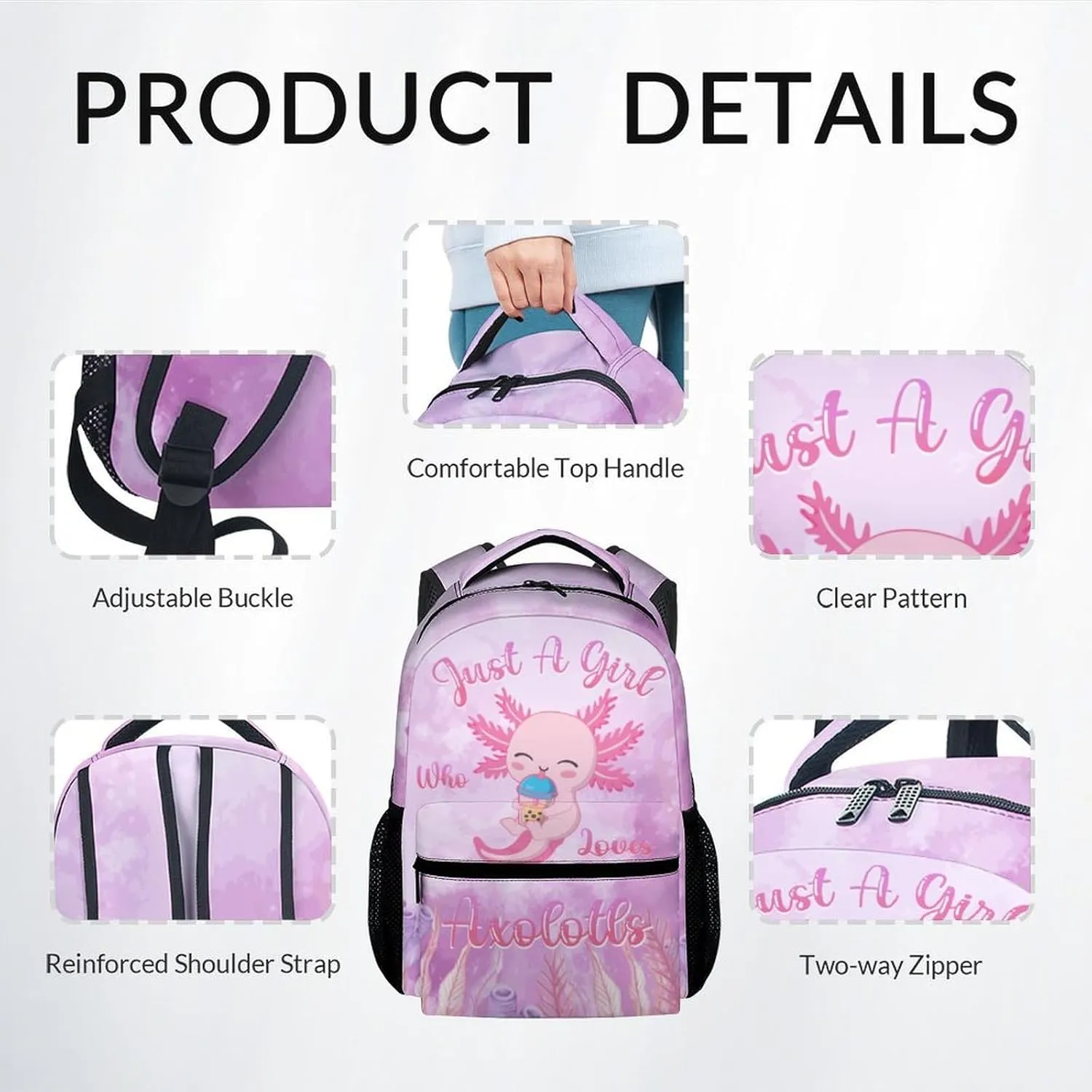 Kids Backpack with Lunch Box - Cute Axolotl Preppy Backpack for School - Lightweight Pink Backpacks for Girls