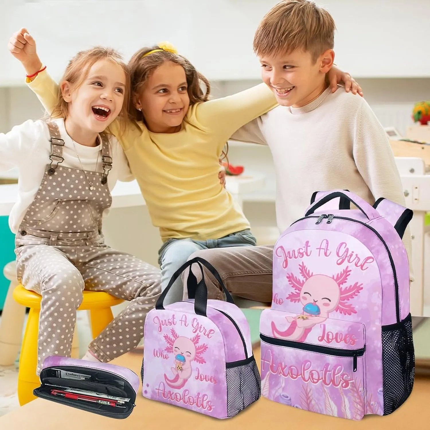 Kids Backpack with Lunch Box - Cute Axolotl Preppy Backpack for School - Lightweight Pink Backpacks for Girls