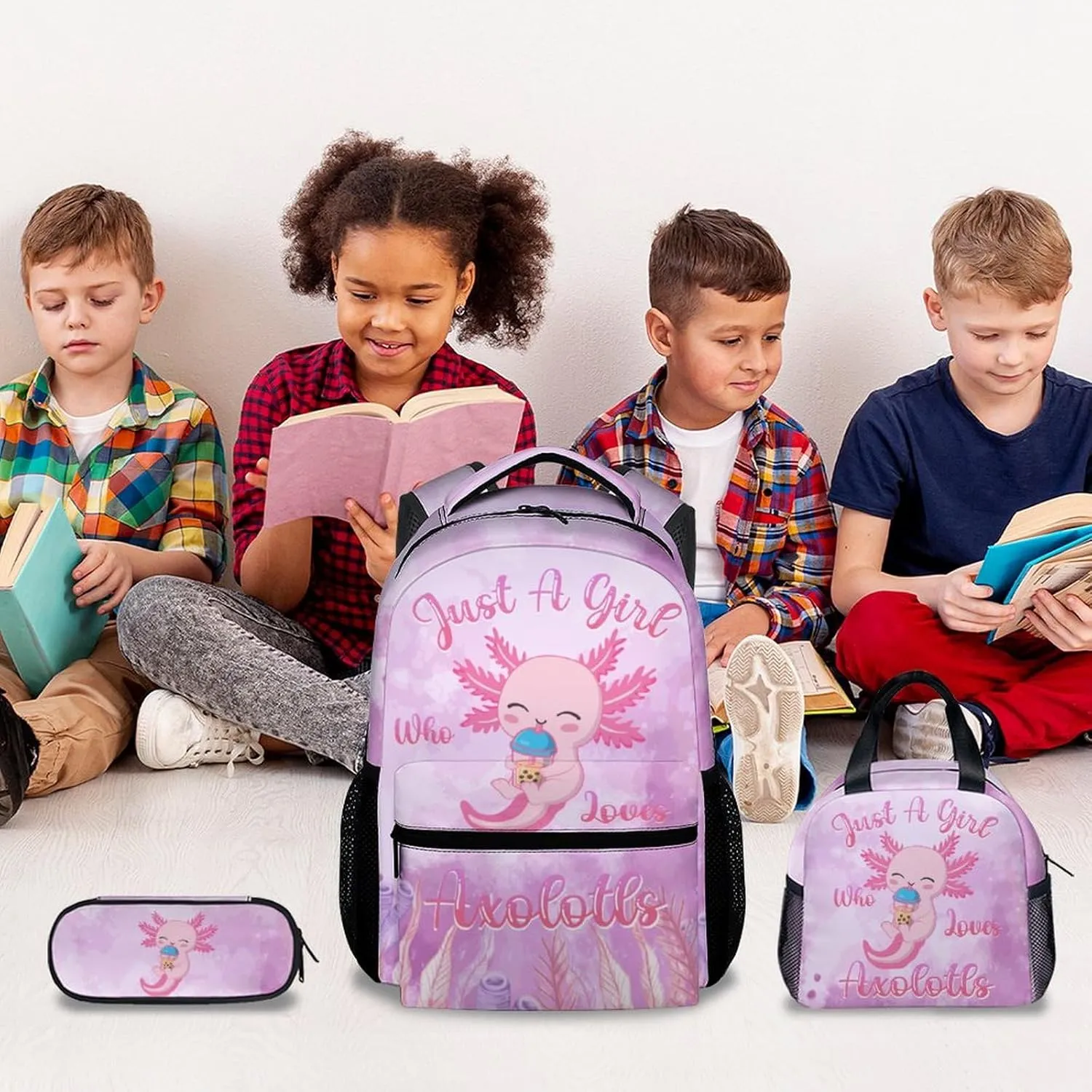 Kids Backpack with Lunch Box - Cute Axolotl Preppy Backpack for School - Lightweight Pink Backpacks for Girls