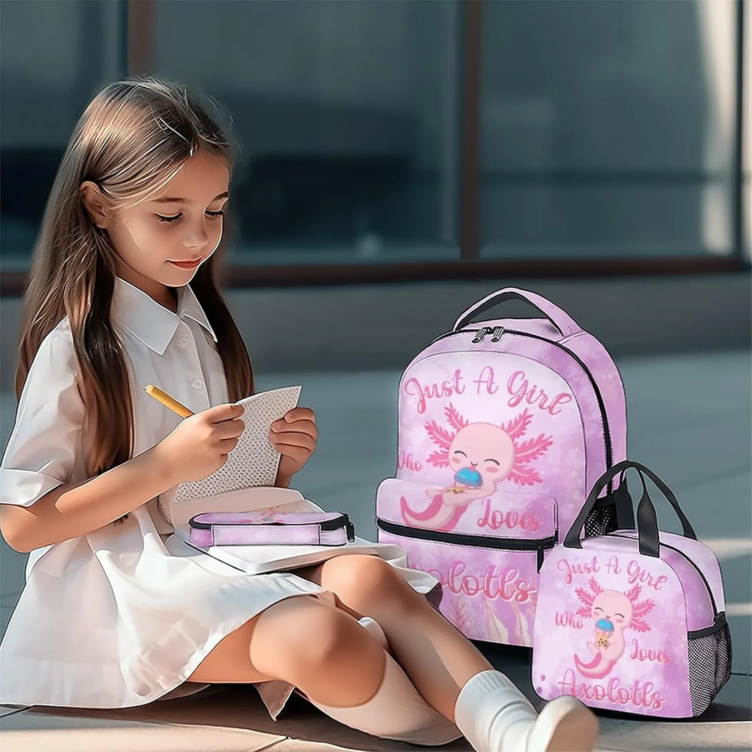 Kids Backpack with Lunch Box - Cute Axolotl Preppy Backpack for School - Lightweight Pink Backpacks for Girls